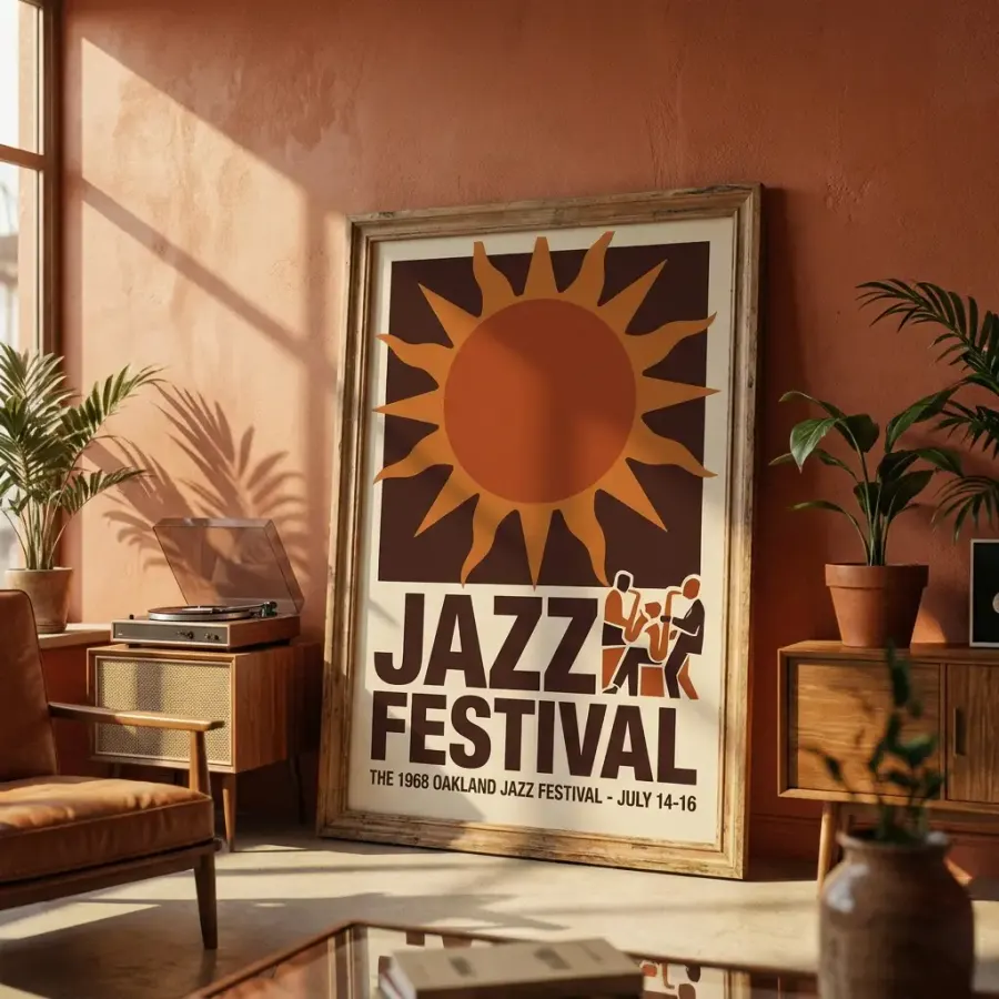 Affiche rétro du Jazz Festival encadrée contre un mur terracotta