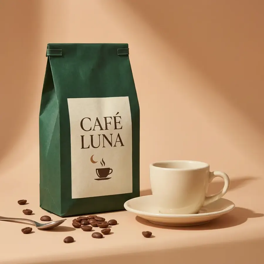 Packaging Café Luna : sachet vert forêt et tasse crème